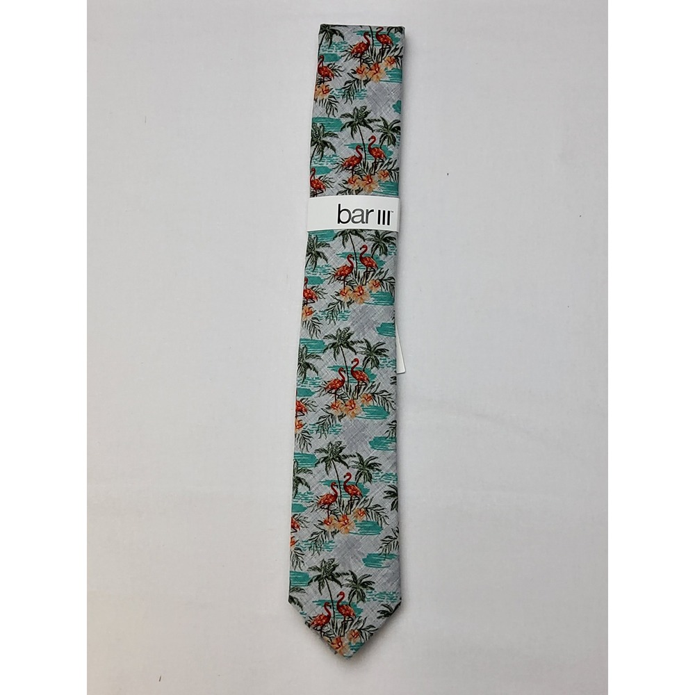 Bar III Tie Kelso Floral Necktie Flamingo Palm Tree Print Cotton Blend‎ NWT